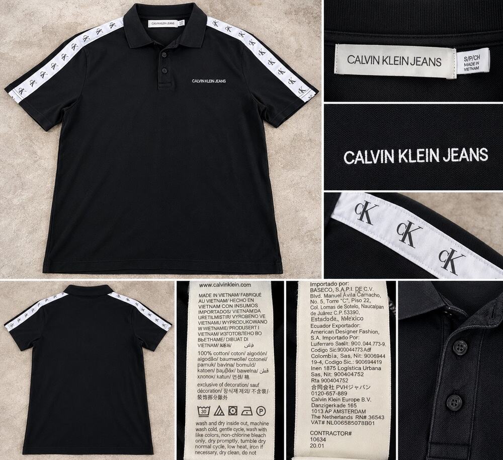 Calvin Klein Jeans Mens Black Polo Shirt CK Logo Tape Shoulder Cotton S